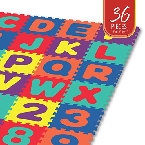 Alphabet & Numbers Rubber EVA Foam Puzzle Play Mat Floor. 36 Interlocking playmat Tiles (Tile:12X12 Inch/36 Sq.feet Coverage). Ideal for Crawling Baby, Infant, Classroom, Toddlers, Kids, Gym Workout