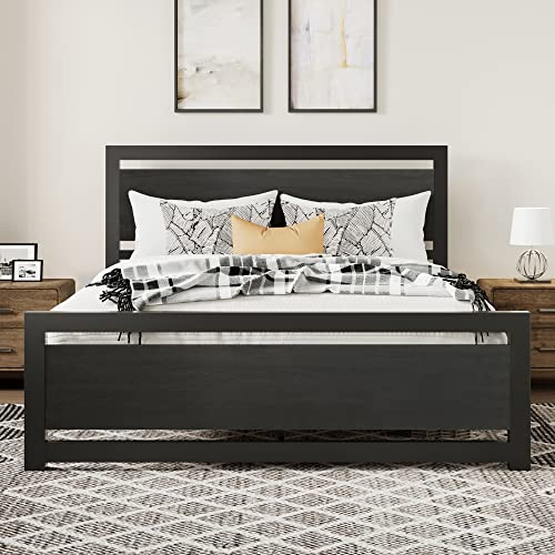 MERRLAND Queen Size Bed Frame with Wood Headboard and Footboard, Solid and Stable, No Box Spring Needed, Easy Assembly, Noise Free, Black