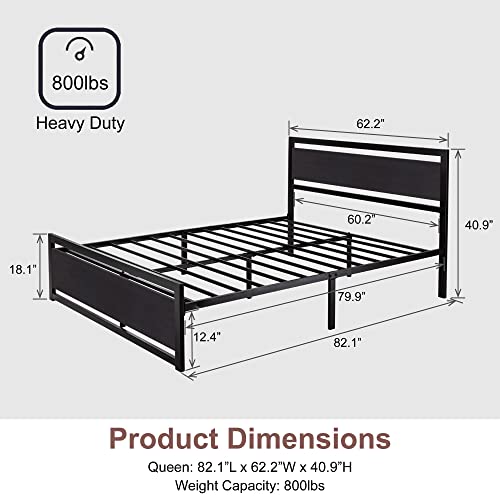 MERRLAND Queen Size Bed Frame with Wood Headboard and Footboard, Solid and Stable, No Box Spring Needed, Easy Assembly, Noise Free, Black