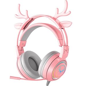atrasee stereo gaming headset for ps4 pc xbox one ps5 controller, noise cancelling over ear headphones with mic, led light, bass surround, soft memory earmuffs for laptop mac nintendo (pink antlers)