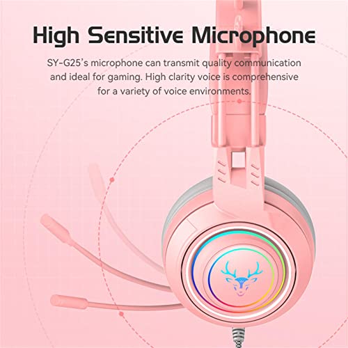 Atrasee Stereo Gaming Headset for PS4 PC Xbox One PS5 Controller, Noise Cancelling Over Ear Headphones with Mic, LED Light, Bass Surround, Soft Memory Earmuffs for Laptop Mac Nintendo (Pink Antlers)