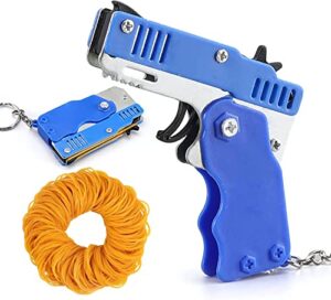 qkudnghy kids toys cool keychain rubber band mini metal folding rubber launcher toy with 60 elastic rubber bands for game outdoor activities (blue)