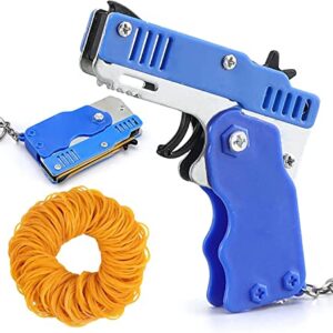 QKUDNGHY Kids Toys Cool Keychain Rubber Band Mini Metal Folding Rubber Launcher Toy with 60 Elastic Rubber Bands for Game Outdoor Activities (Blue)