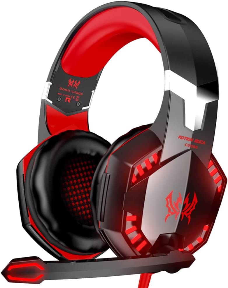 VersionTECH. G2000 Gaming Headset, Bass Surround Gaming Headphones with Noise Cancelling Mic, LED Lights, Soft Memory Earmuffs for PS5/ PS4/ Xbox One Controller/Laptop/PC/Mac/Nintendo NES Games-Red