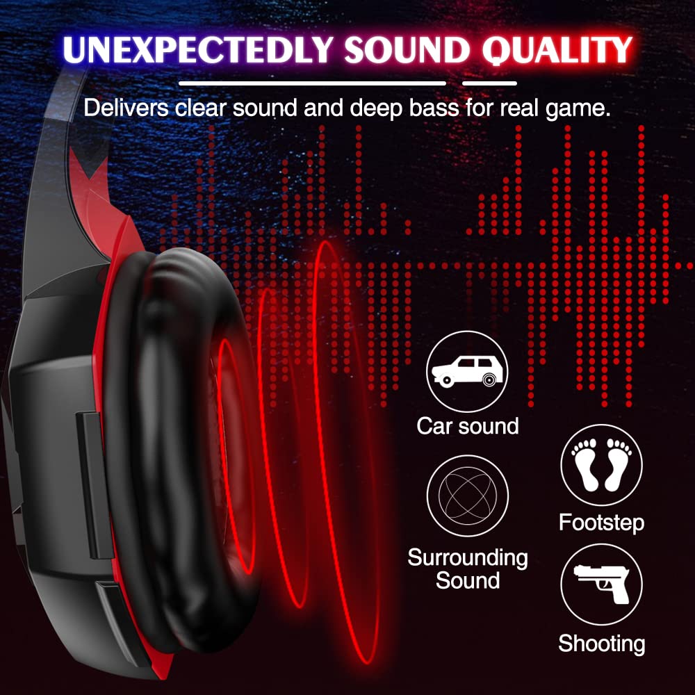 VersionTECH. G2000 Gaming Headset, Bass Surround Gaming Headphones with Noise Cancelling Mic, LED Lights, Soft Memory Earmuffs for PS5/ PS4/ Xbox One Controller/Laptop/PC/Mac/Nintendo NES Games-Red