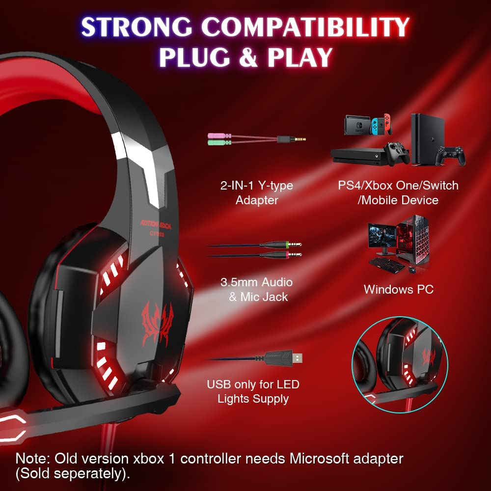 VersionTECH. G2000 Gaming Headset, Bass Surround Gaming Headphones with Noise Cancelling Mic, LED Lights, Soft Memory Earmuffs for PS5/ PS4/ Xbox One Controller/Laptop/PC/Mac/Nintendo NES Games-Red