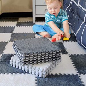 12pcs plush puzzle foam floor mat for kids- thick interlocking fluffy tiles with border square rug split joint soft climbing carpet mats shaggy area rug for room floor(11.8 inch, white & grey)