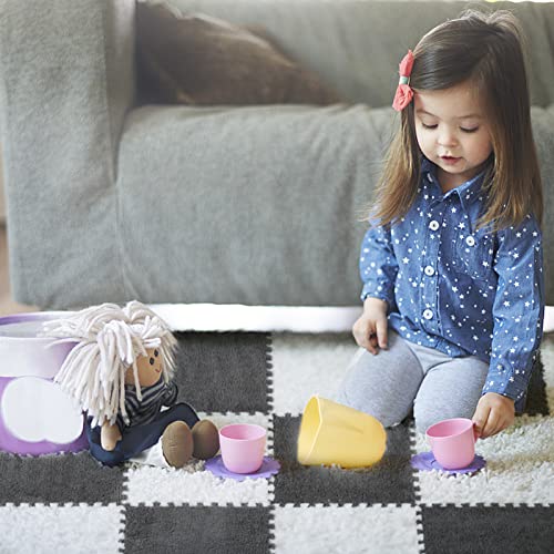 12PCS Plush Puzzle Foam Floor Mat for Kids- Thick Interlocking Fluffy Tiles with Border Square Rug Split Joint Soft Climbing Carpet Mats Shaggy Area Rug for Room Floor(11.8 Inch, White & Grey)