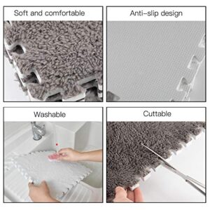 12PCS Plush Puzzle Foam Floor Mat for Kids- Thick Interlocking Fluffy Tiles with Border Square Rug Split Joint Soft Climbing Carpet Mats Shaggy Area Rug for Room Floor(11.8 Inch, White & Grey)