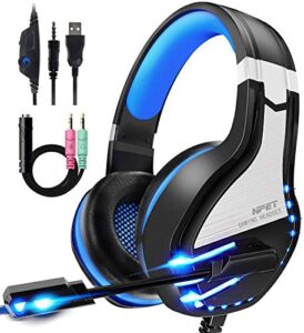 npet hs10 stereo gaming headset for ps4 pc xbox one ps5 controller, noise cancelling over ear headphones with mic,led light, bass surround, soft memory earmuffs for laptop mac nintendo nes games