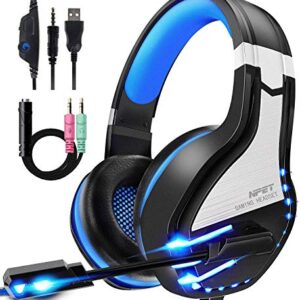 NPET HS10 Stereo Gaming Headset for PS4 PC Xbox One PS5 Controller, Noise Cancelling Over Ear Headphones with Mic,LED Light, Bass Surround, Soft Memory Earmuffs for Laptop Mac Nintendo NES Games