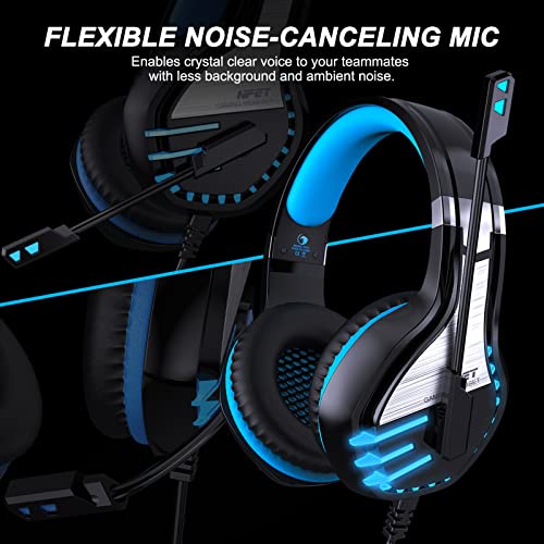 NPET HS10 Stereo Gaming Headset for PS4 PC Xbox One PS5 Controller, Noise Cancelling Over Ear Headphones with Mic,LED Light, Bass Surround, Soft Memory Earmuffs for Laptop Mac Nintendo NES Games