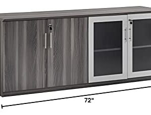 Safco Products Medina Modern Office Storage Wall Cabinet with Wood and Glass Doors, 72"W x 20"D x 29 1/2"H, Gray Steel