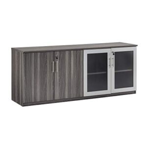 safco products medina modern office storage wall cabinet with wood and glass doors, 72"w x 20"d x 29 1/2"h, gray steel