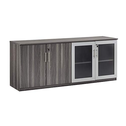 Safco Products Medina Modern Office Storage Wall Cabinet with Wood and Glass Doors, 72"W x 20"D x 29 1/2"H, Gray Steel