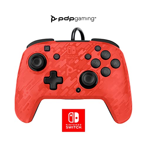 PDP Gaming Faceoff Deluxe+ Wired Switch Pro Controller - Officially Licensed by Nintendo - Customizable gamepad buttons, sticks, triggers, and paddles - Ergonomic Controllers - Red Camo / Camouflage