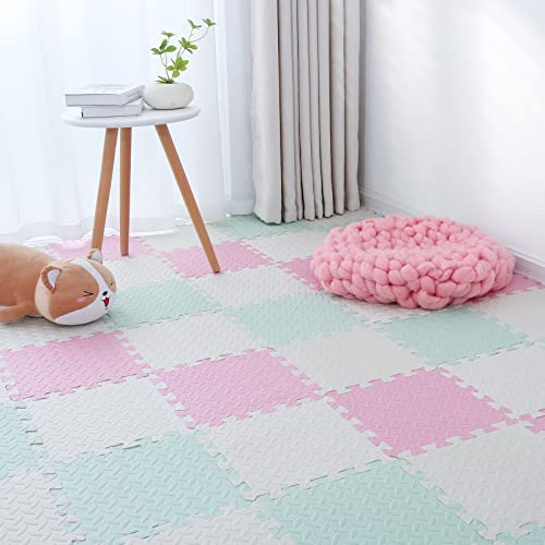Tamiplay 16 Tiles Foam Play Mat, 0.4 Inch Thicked Interlocking Floor Mats with Solid Colors, Squares Baby Play Mat, EVA Foam Puzzle Floor Mat Foam Mats for Kids, Baby, Toddlers(White/Pink/Bean Green)