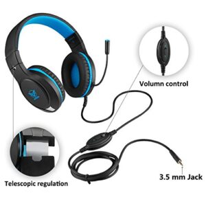 Gaming Headset for Nintendo Switch, Xbox One, PS4, PS5, Bass Surround and Noise Cancelling with Flexible Mic, 3.5mm Wired Adjustable Over-Ear Headphones for Laptop PC iPad Smartphones (Blue-Black)