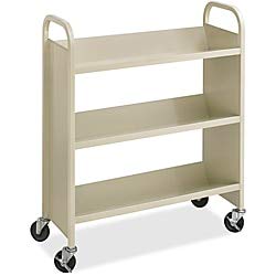 safco products single-sided book cart 5358sa sand, heavy duty, swivel wheels, 3 slanted shelves