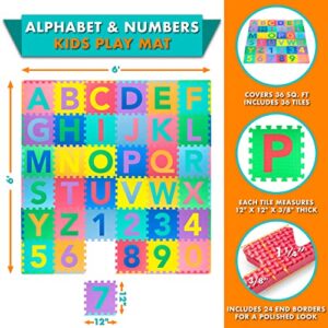 ProSource Kids Puzzle Alphabet, Numbers, 36 Tiles and Edges Play Mat, 12" by 12",Abc & 123