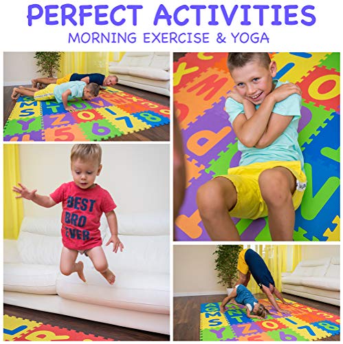 Non Toxic Alphabet Play Mat for Kids Toddlers - Thickest Interlocking Foam Puzzles ABC & Numbers 0 to 9 Flooring Mat for Play & Exercise 36 Tiles 12x12in (10mm) - Floor Coverage 36 Sq F