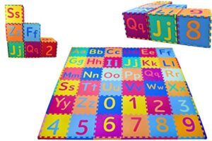 kc cubs soft & safe non-toxic children’s interlocking multicolor exercise puzzle educational abc alphabet eva play foam mat for kid’s floor & baby nursery room, 36 tiles, 9 colors, 54 borders (eva003)