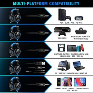 Gaming Headset PS4 Headset with 7.1 Surround Sound, Xbox One Headset with Noise Canceling Mic & RGB LED Light, PC Gaming Headset Over Ear Headphones Compatible for Nintendo Switch, Laptop, Mac