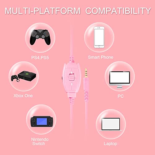 Gaming Headset for PS5,PS4,Xbox,PC, Kids Headphones with Mic for School Supplies,Pink Headphones Wired for Girls,Headset for Nintendo Switch,Pink Headset (Pink)