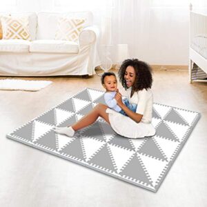 gelli mat - comfort playtime foam - 72 piece baby play mat interlocking foam floor tiles - grey/white. multiple creative designs. water-resistant, non-toxic, hypoallergenic. great for any room!