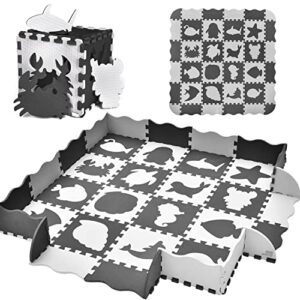 fun little toys 36pcs foam play mats for baby, soft foldable interlocking foam floor tiles puzzle mat with fence for kids toddlers childrens playpen playroom crawling 56 x 56 grey