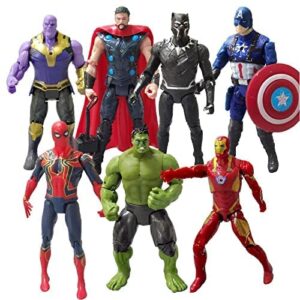 7 pcs marvel avengers toy set action figures-spiderman,thanos, hulk,thor,iron man,captain america,black panther collectible figures gift for children obsessed with character collections
