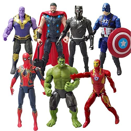 7 Pcs Marvel Avengers Toy Set Action Figures-Spiderman,Thanos, Hulk,Thor,Iron Man,Captain America,Black Panther Collectible Figures Gift for Children Obsessed with Character Collections