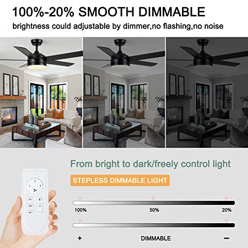 YUHAO 52 inch Black Ceiling Fan with Lights and Remote Control,Dimmable tri-Color temperatures LED,Quiet Reversible Motor,5 Blades Modern Ceiling Fans for Indoor.