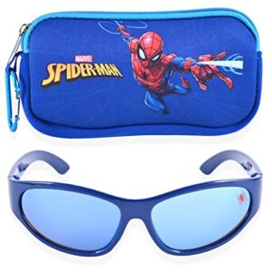 marvel spiderman kids sunglasses with kids glasses case, protective toddler sunglasses (spider blue)