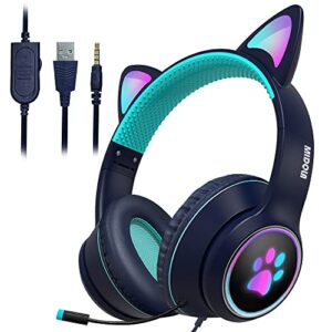 MIDOLA Gaming Wired AUX 3.5mm Cat Ear Headphone Over Ear LED Light Fit Adult & Kids Girl Boy Foldable Stereo Headset Earmuffs with Mic for PC PS4 Game Cellphone Laptop Pad Deep Blue