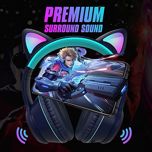 MIDOLA Gaming Wired AUX 3.5mm Cat Ear Headphone Over Ear LED Light Fit Adult & Kids Girl Boy Foldable Stereo Headset Earmuffs with Mic for PC PS4 Game Cellphone Laptop Pad Deep Blue