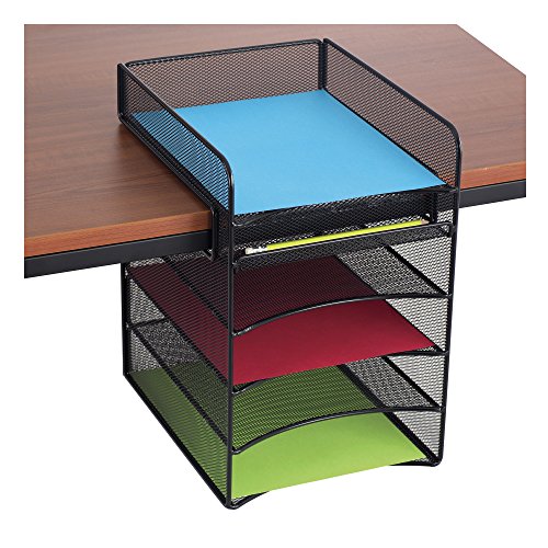 Safco Products Onyx Mesh 5-Tray Underdesk Hanging Organizer 10.25"W x 12.37"D x 14.37"H Easy Assembly Black Powder Coat Finish Durable Steel Mesh Construction 20 lb Capacity