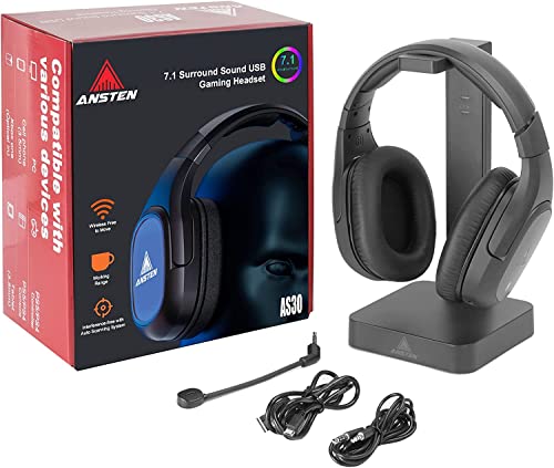 ANSTEN 【2023 Upgraded】 Wireless Gaming Headset for PS4/PS5/PC/Switch, Gaming Headphones with 2.4G Transmitter Charging Stand, Low Latency, 50MM Drivers, 7.1 Surround Sound, Noise Canceling Mic