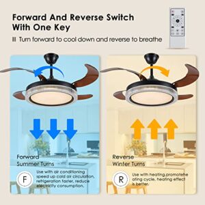 Mpayel 42" Retractable Ceiling Fan - Modern Retractable Ceiling Fan with Lights and Remote, Led Fan Light Fixture with Retractable Blades for Bedroom Living Room, Memory Function and Reversible, Black