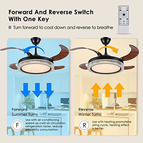 Mpayel 42" Retractable Ceiling Fan - Modern Retractable Ceiling Fan with Lights and Remote, Led Fan Light Fixture with Retractable Blades for Bedroom Living Room, Memory Function and Reversible, Black