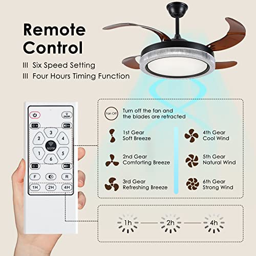 Mpayel 42" Retractable Ceiling Fan - Modern Retractable Ceiling Fan with Lights and Remote, Led Fan Light Fixture with Retractable Blades for Bedroom Living Room, Memory Function and Reversible, Black