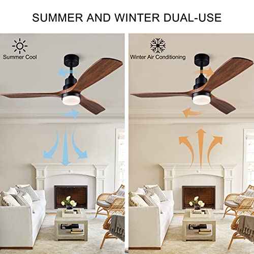 BOJUE 52” Ceiling Fans with Lights Remote Control,Indoor Outdoor Wood Ceiling Fan with 3 Blade for Patio Living Room, Bedroom, Office, Summer House, Etc