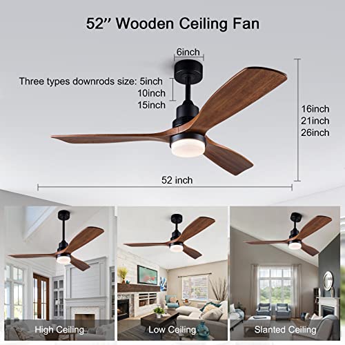 BOJUE 52” Ceiling Fans with Lights Remote Control,Indoor Outdoor Wood Ceiling Fan with 3 Blade for Patio Living Room, Bedroom, Office, Summer House, Etc