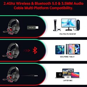 BEAVIIOO Wireless Gaming Headset with Microphone for PC PS4 PS5 Playstation 4 5, 2.4G Wireless Bluetooth USB Gamer Headphones with Mic for Laptop Computer