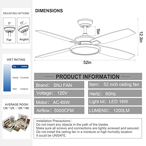 SNJ 52 inch Black Modern Ceiling Fan with LED Lights and Remote Control for Home Bedroom, Living Room, Dining Room, Noiseless Motor, Reversible 4 Blades, Low Profile Celing Fans 1095