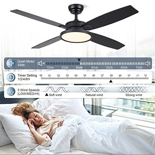 SNJ 52 inch Black Modern Ceiling Fan with LED Lights and Remote Control for Home Bedroom, Living Room, Dining Room, Noiseless Motor, Reversible 4 Blades, Low Profile Celing Fans 1095