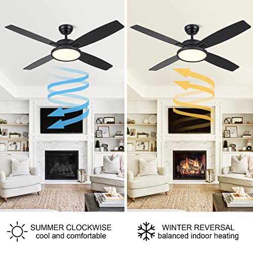 SNJ 52 inch Black Modern Ceiling Fan with LED Lights and Remote Control for Home Bedroom, Living Room, Dining Room, Noiseless Motor, Reversible 4 Blades, Low Profile Celing Fans 1095