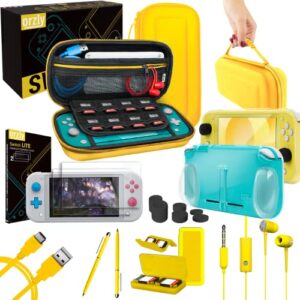 orzly switch lite accessories bundle - case & screen protector for nintendo switch lite console, usb cable, games holder, comfort grip case, headphones, thumb-grip pack & more (orzly gift pack yellow)
