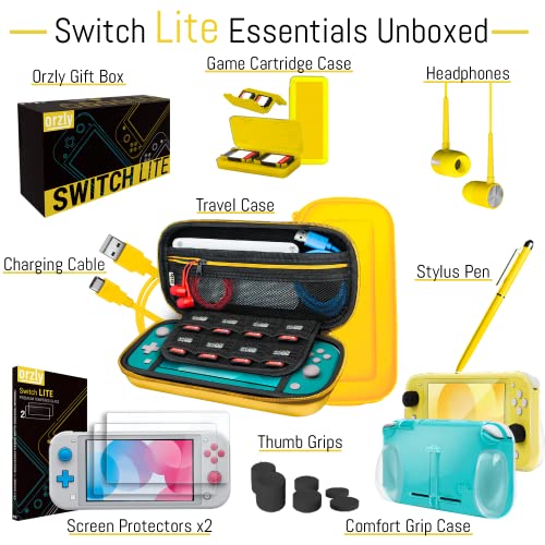 Orzly Switch Lite Accessories Bundle - Case & Screen Protector for Nintendo Switch Lite Console, USB Cable, Games Holder, Comfort Grip Case, Headphones, Thumb-Grip Pack & more (Orzly Gift Pack Yellow)