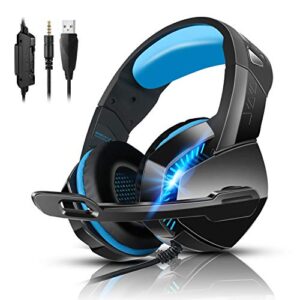 phoinikas ps4 gaming headset with 7.1 surround sound, xbox one headset with noise canceling mic & led light, h3 over ear headphones, compatible with nintendo switch, pc, ps4, xbox one, laptop (blue)